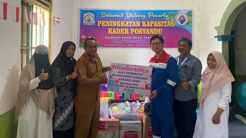 Pertamina EP Rantau Dukung Pencegahan Stunting Lewat Bantuan Alat Posyandu di Desa Sukajadi